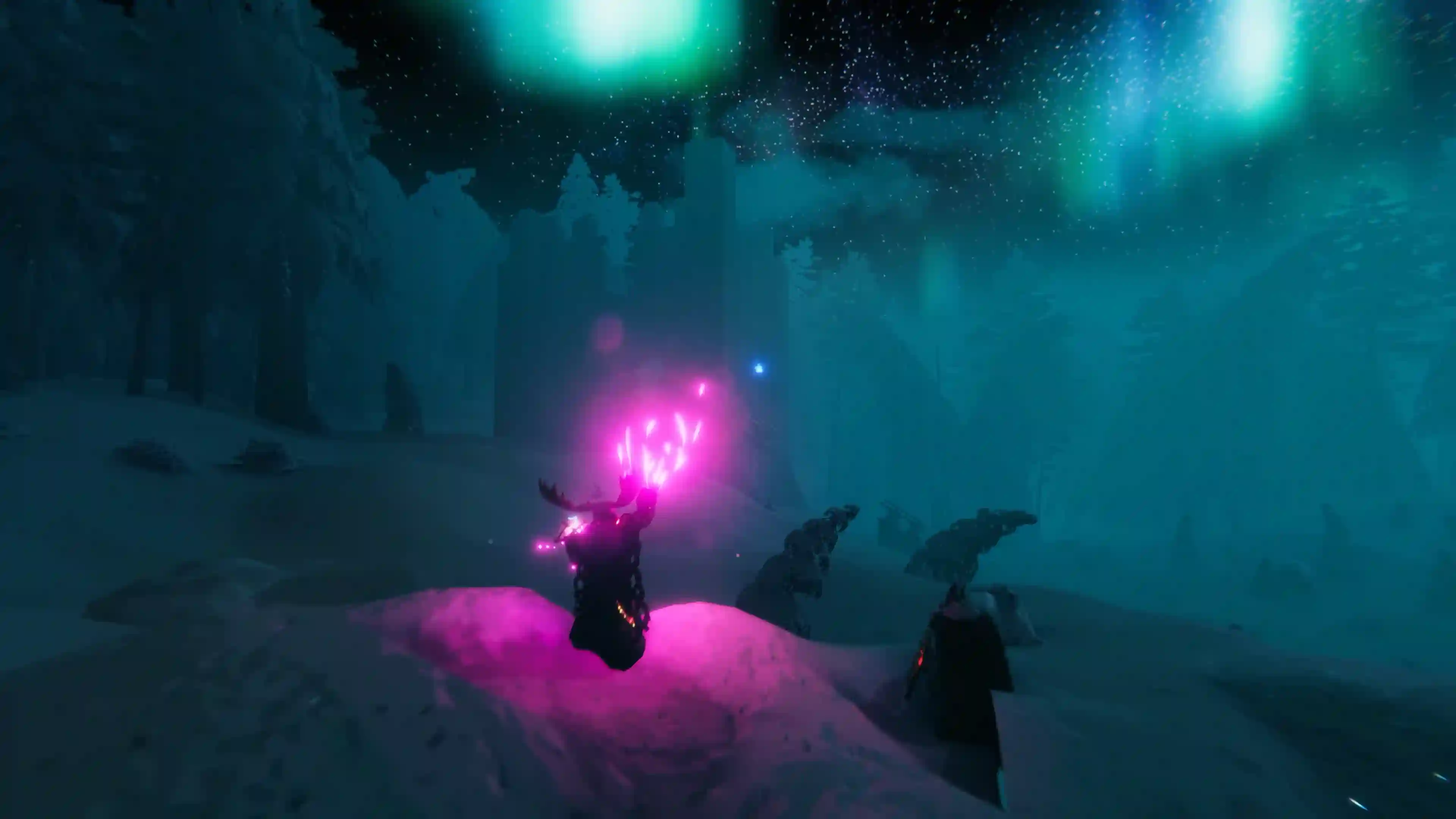 Valheim players exploring in the Deep North with bright magical attacks