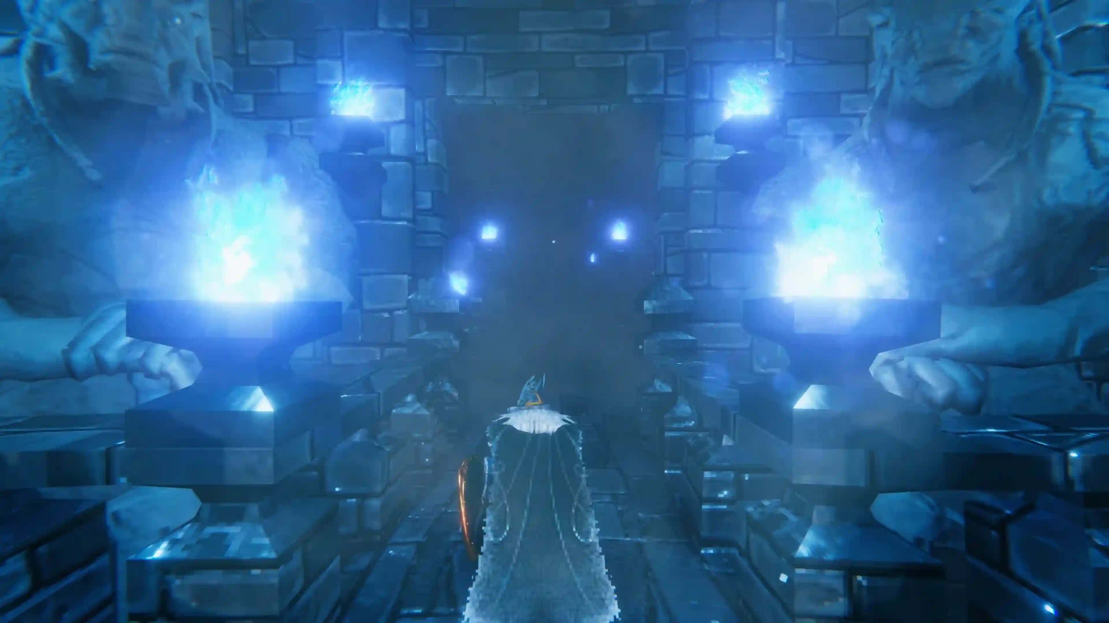 Valheim player entering a stone dungeon entrance lit by bright blue flames
