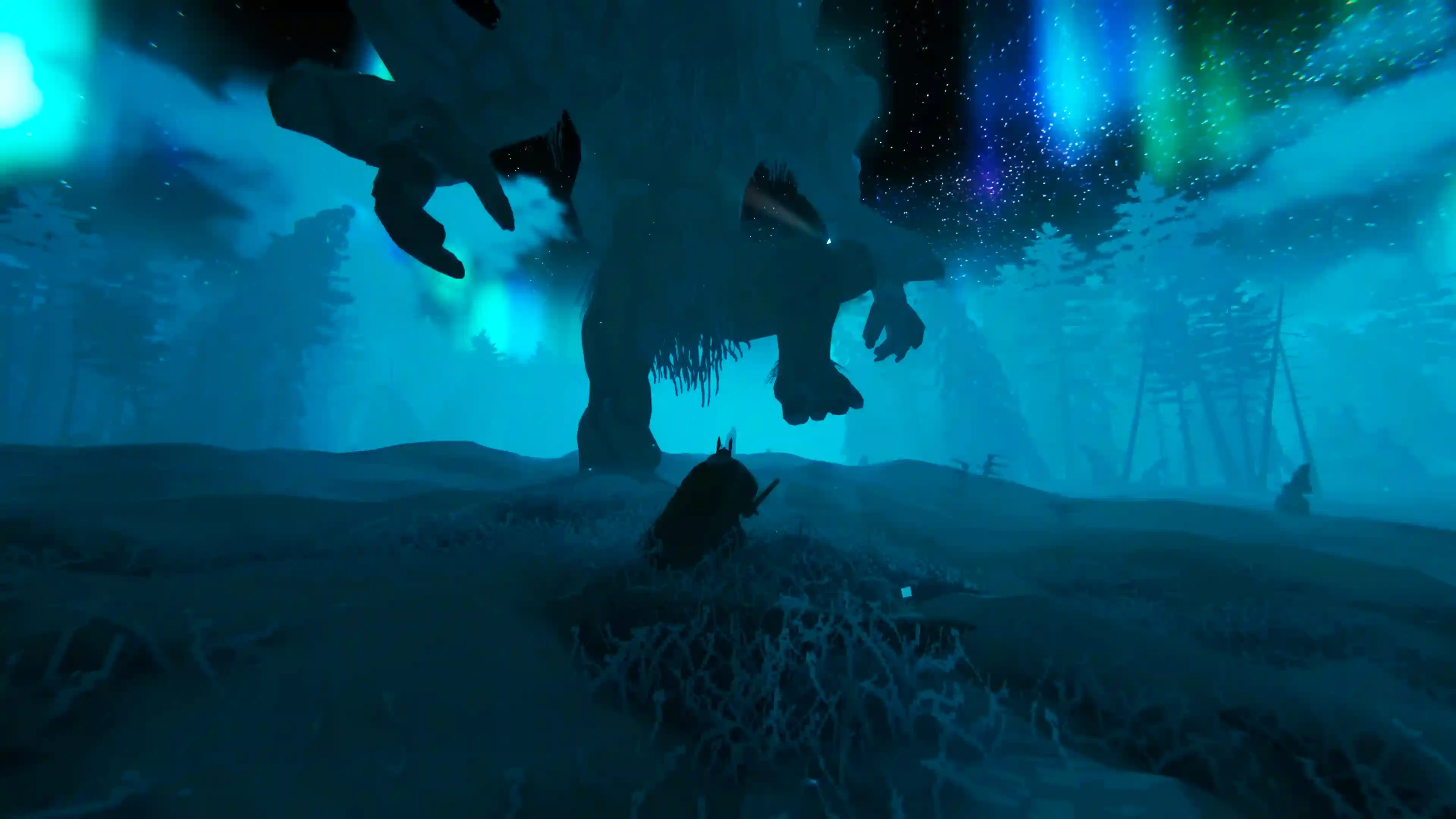 Valheim player facing a Gammeltroll in the snowy Deep North biome