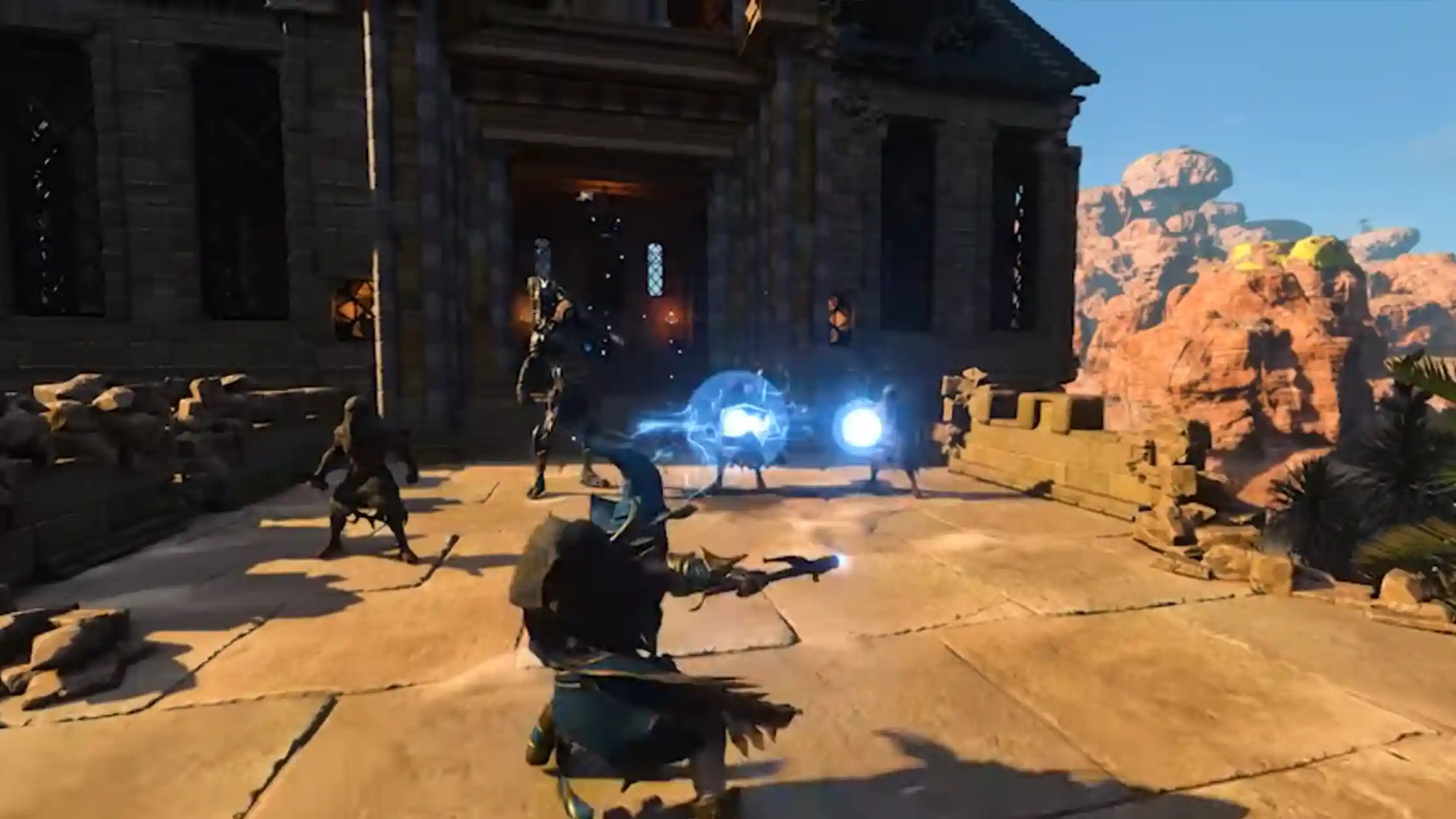 enshrouded player using attack with wand towards 4 enemies