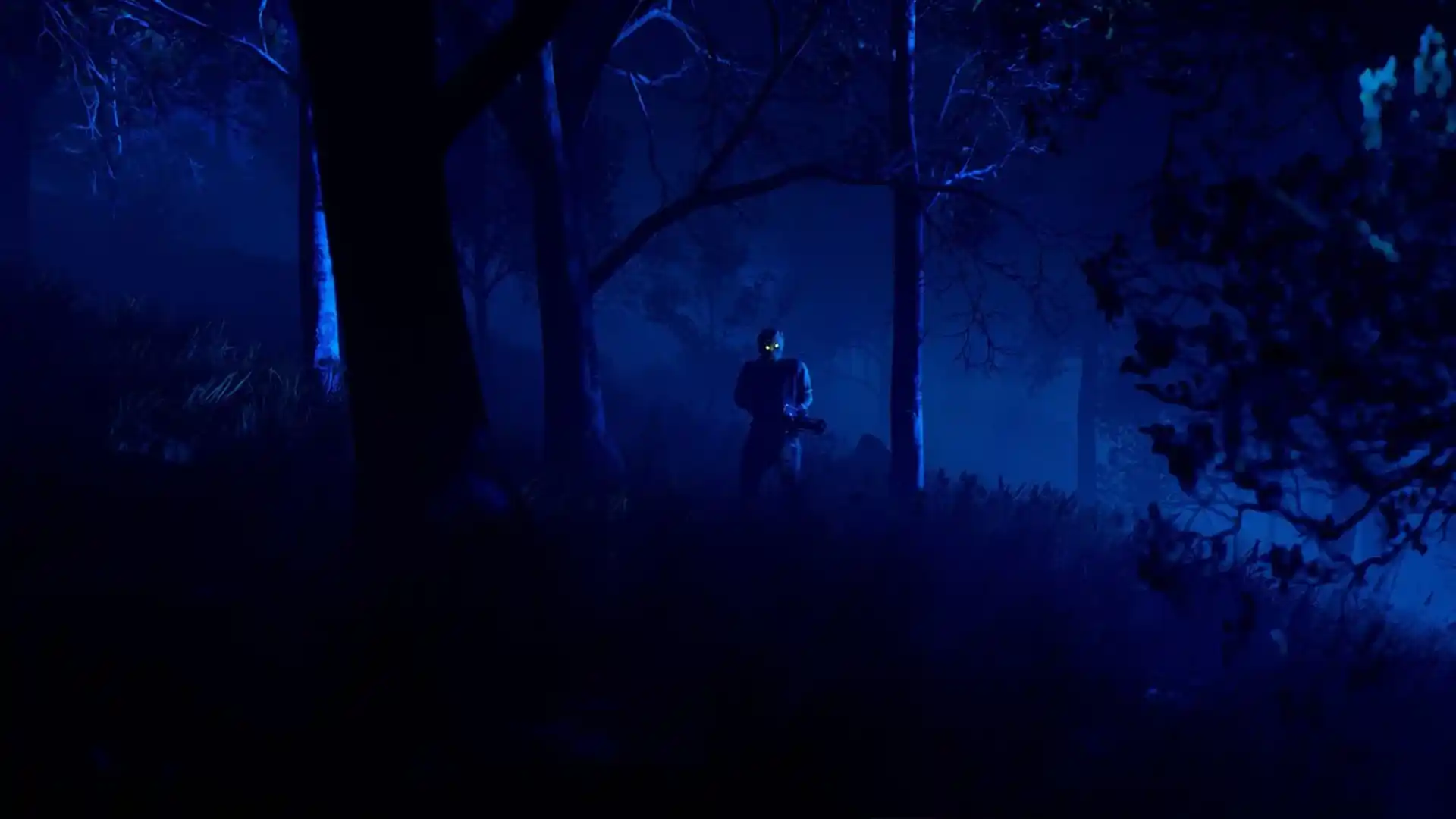 A scarecrow holding a chainsaw with glowing green eyes in deep dark night in the woods
