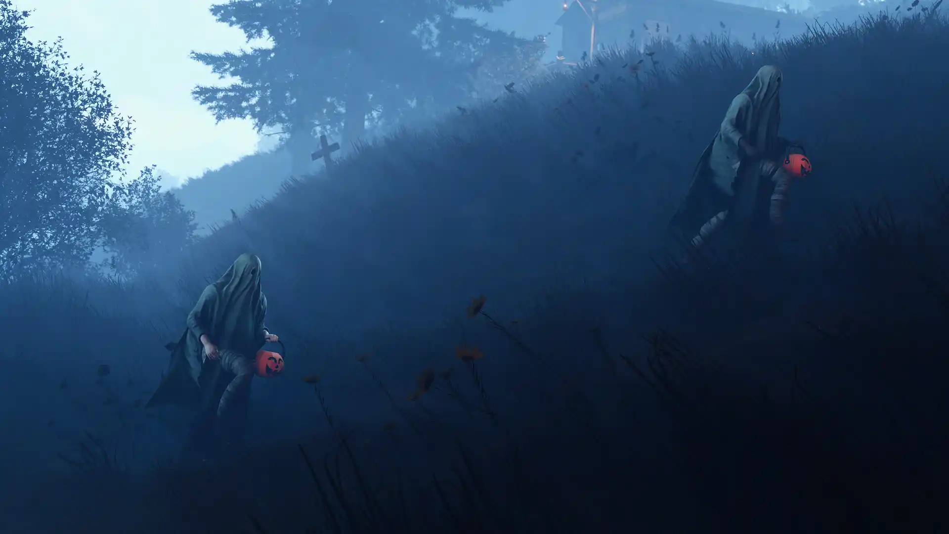 2 players running in the forest whilst wearing a ghost costume and holding a pumpkin basket