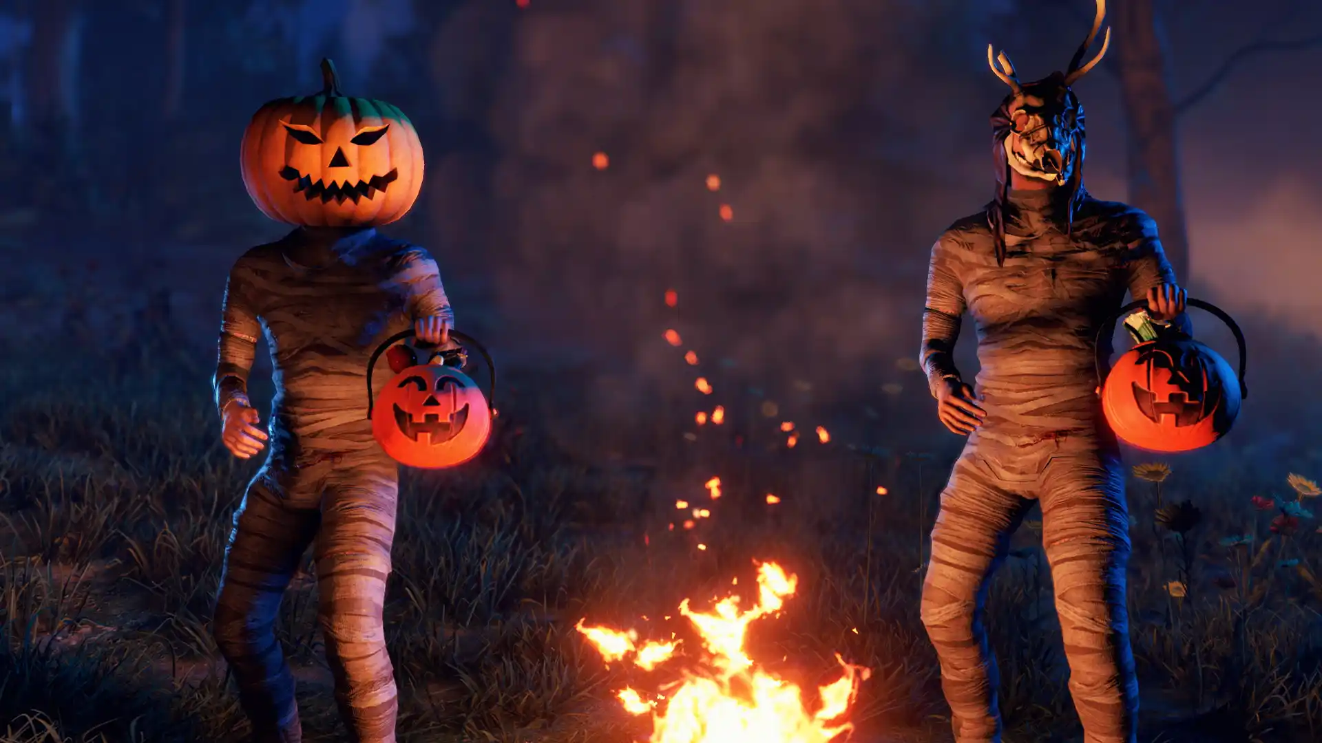 2 players next to a campfire wearing mummy wraps, holding pumpkin baskets, 1 has a pumpkin head and the other a bone helmet